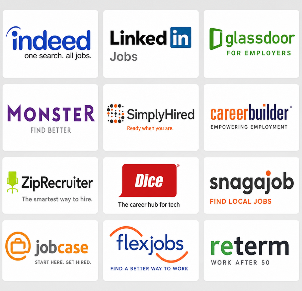 Comparison of popular job posting sites and job boards for employers, including Indeed, LinkedIn Jobs, Glassdoor, Monster, SimplyHired, CareerBuilder, ZipRecruiter, Dice, Snagajob, Jobcase, and FlexJobs,