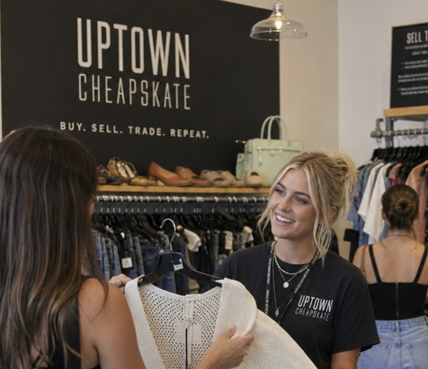 A visual highlighting Uptown Cheapskate career opportunities, including retail sales associates, fashion buyers, and store management positions. Job seekers can explore current openings and apply online through Business Draft.